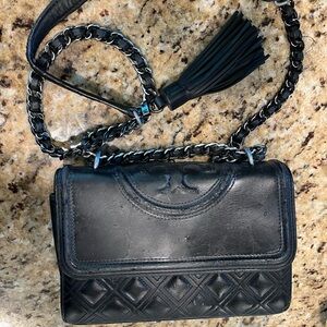 Tory Burch Black Leather Chain Shoulder Bag – Tassel Detail